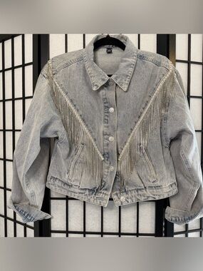 Windsor Light Gray Denim Jacket with Diamond Fringe Small